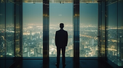 Fototapeta na wymiar A man in a suit looks at the city through glass walls. Generative AI