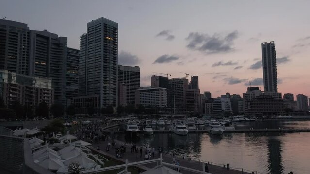 Buildings in downtown Beirut, Lebanon - Zaitunay Bay attraction destination offering a promenade by the marina with multiple restaurants