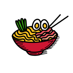 Ramen noodle bowl. Vector illustration of delicious Japanese ramen noodle on bowl with vintage retro flat style. Udon, Soba, Ramen, Salmon Ikura Don, Katsudon and Tendon.