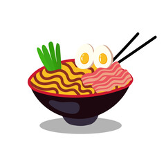 Ramen noodle soup vector line illustration.Asian Japanese traditional food cuisine. Traditional Asian cuisine. Ramen with noodles, egg and bacon. Oriental cuisine concept.Clip art, menu, poster, print