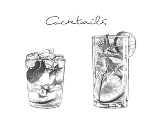 Hand drawn cocktail. Alcoholic drinks in glasses. Sketch juice. Vector set.