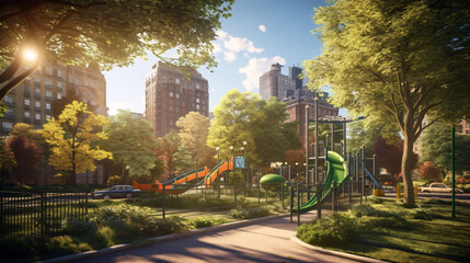 Urban park with playground. Generative AI.