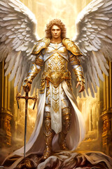 Fototapeta premium Graphic and biblical representation of the Archangel Michael. AI generativ.