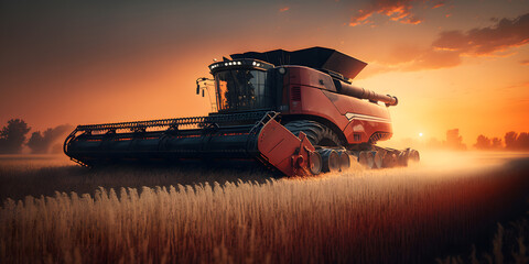 Fototapeta premium Combine harvester harvests ripe golden wheat, sunset. Banner agriculture. Generation AI