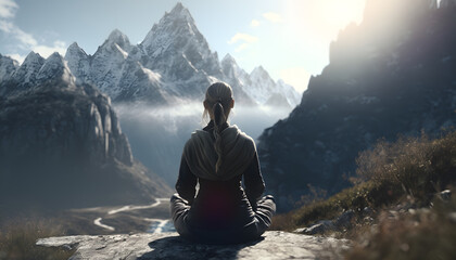Fototapeta premium Back view Young woman sitting on rock meditating in nature mountain Alps sunrise. Generation AI