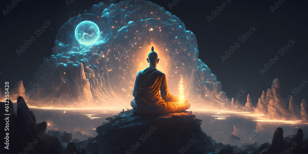 Wall mural astral yoga silhouette of human in cosmic space meditate. practicing transcendental spiritual medita