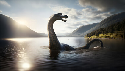 Loch Ness Monster Nessie in water lake. Generation AI - obrazy, fototapety, plakaty