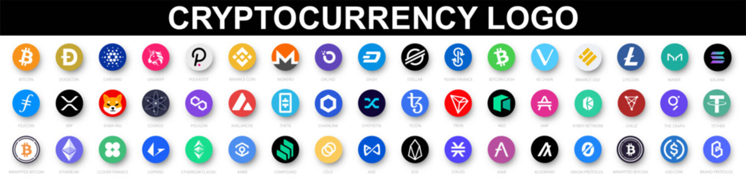 Cryptocurrency logos set. Set of cryptocurrency token logo icons. Bitcoin, Ethereum, Dogecoin, Litecoin, Shiba and more. Vector illustration.