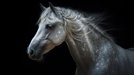 Obraz na płótnie Canvas Portrait gray Andalusian horse with long mane and steam from a mouth at a black background with back lighting. Generative Ai