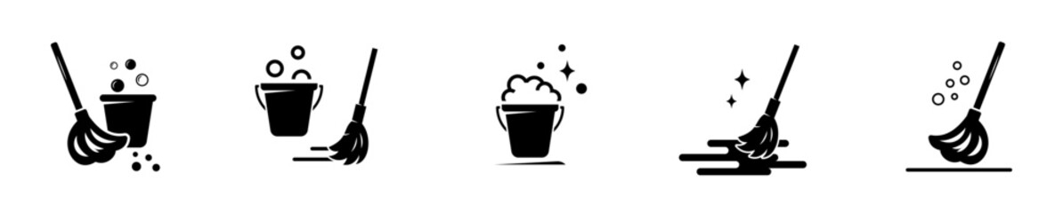 Cleaning, mop icon. Floor mop icons. Mop And Bucket symbol. © 4zevar