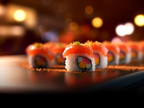 Flying floating in air japan cuisine dish isolated on blurred background