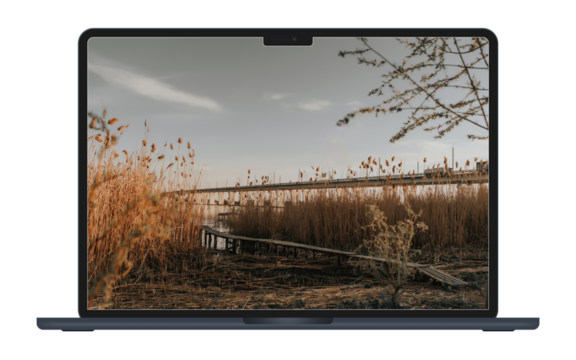 June 6, 2023, Bratislava, Slovakia - Render the new MacBook Air 13 and 15 inches in Midnight color. A new big MacBook with bangs. Mockup of the frontal view. Laptop layout with a transparent screen.