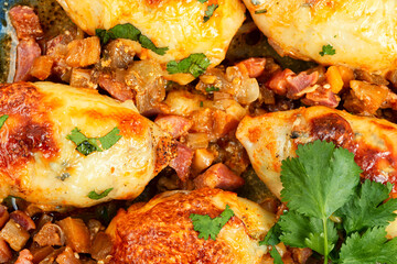 Baked stuffed calamari, close up.