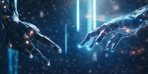 Obraz na płótnie Canvas Wireframed robot hand and human hand touching digital graph interface on dark background 3D rendering