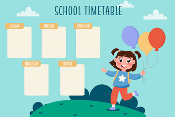 Flat template school timetable with a girl running with balls