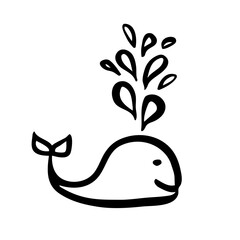 Cute cartoon whale splashing water, hand painted with ink brush stroke. Png clipart isolated on...