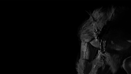 3d illustration in black and white of a Werewolf Dogman cryptid with negative space for text