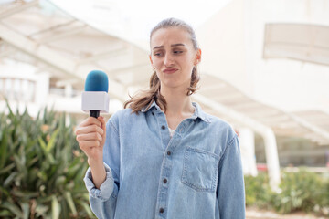 smiling and looking with a happy confident expression. presenter with a microphone concept