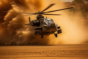 Impressive Dust Swirl as AH64 Apache Passes By. Generative AI