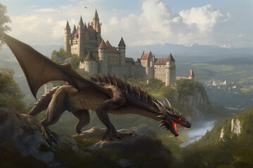 Dragon's Lair: A Majestic Beast and Its Fortress. Generative AI