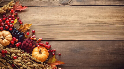 Fototapeta na wymiar Thanksgiving background with autumn dried flowers, pumpkins and fall leaves on the old wooden background. Thanksgiving background with seasonal berries and fruits