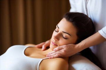 Obraz na płótnie Canvas Blissful Retreat: Radiant Woman Soaks in a Relaxing Massage. Generative AI