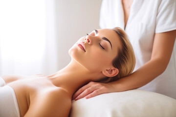 Pure Pleasure: Exquisite Woman Revels in a Heavenly Shoulder Massage. Generative AI