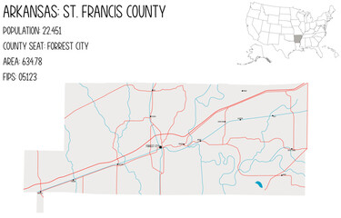 Obraz premium Large and detailed map of St. Francis County in Arkansas, USA.