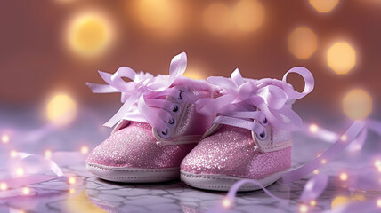 closeup of baby shoes, baby shower decoration. Generative Ai
