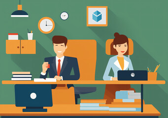 Flat vector illustration working office