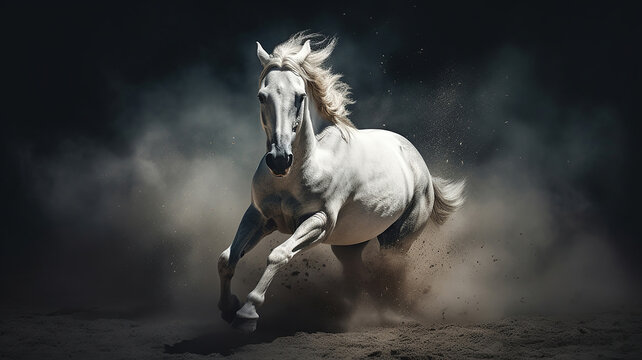White horse run forward in dust on dark background. Generative Ai