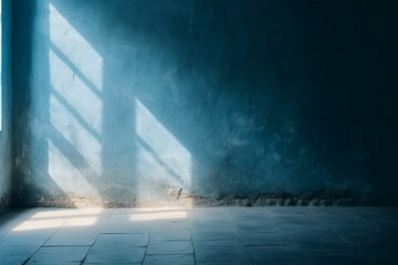 Fototapeta na wymiar Blue colored empty wall and tile floor. Generative AI illustration