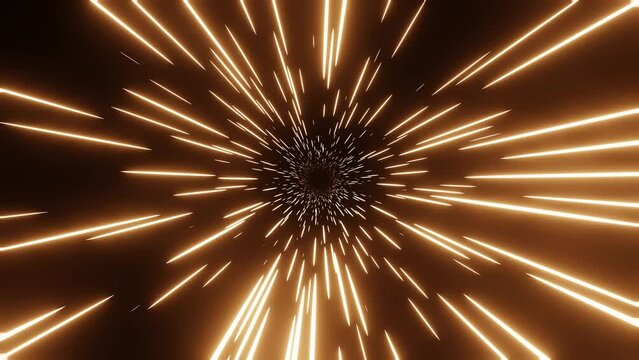 Abstract 3D sci-fi background. Seamless loop animation. Lightspeed tunnel with yellow orange neon energy beams. Flying through universe wallpaper. 4k video 3d motion design 30 fps