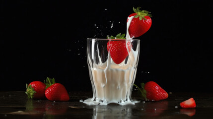Tempting Fruit Dive: Strawberries in Creamy Milk. Generative AI