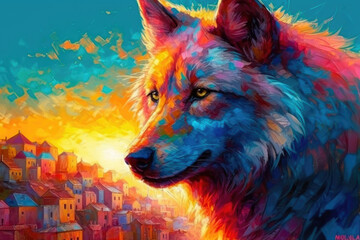 Pastel Dreams: A Mythical Wolf in a Radiant Sunset. Generative AI