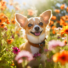 Whimsical Chihuahua in a Flower Field: Enchanting Image of Pet Surrounded by Blooms