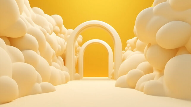3d render, abstract minimal yellow background with white clouds flying out the tunnel 