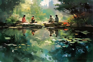 A tranquil garden pond watercolor illustration - Generative AI.