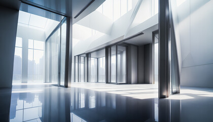 Futuristic Space: Modern, White Interior with Glass Windows, Generative AI.