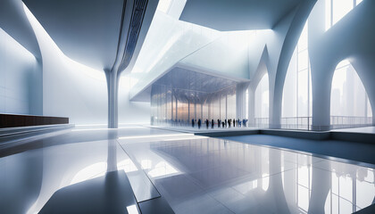 Futuristic Space: Modern, White Interior with Glass Windows, Generative AI.