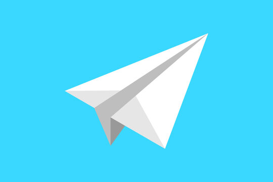 Origami paper plane isolated on a blue background. White airplane made of folded paper icon. Traveling concept. Arts and crafts. Business success idea. Creativity and solution. Vector illustration. 