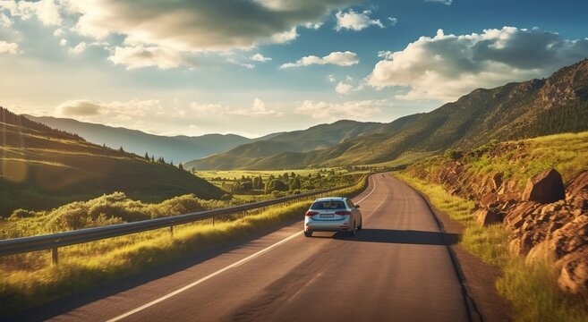 A mountain bright landscape with a car driving down the road, photo AI