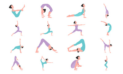 Fototapeta na wymiar Vector illustration of different yoga postures of a women collection on white background. International Yoga Day.