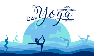 21st June International Yoga Day vector illustration of earth and water with women in yoga body posture.