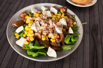 Closeup of salad with fish and vegetables for lunch