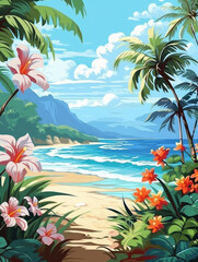 Fototapeta na wymiar Summer beach with palm trees and tropical flowers