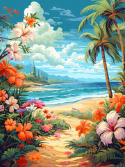 Fototapeta na wymiar Summer beach with palm trees and tropical flowers