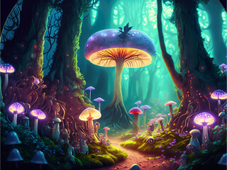 Fototapeta na wymiar Magical forest with glowing mushrooms and mythical creatures created with Generative AI Technology 