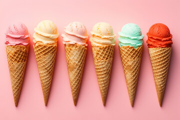 overhead flat lay of a row of summer ice cream cones. Generative ai