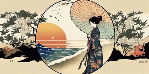 The loneliness of summer at dusk in traditional Japanese ukiyo-e. Abstract, elegant and modern illustrations in subdued colors.by AI generated.